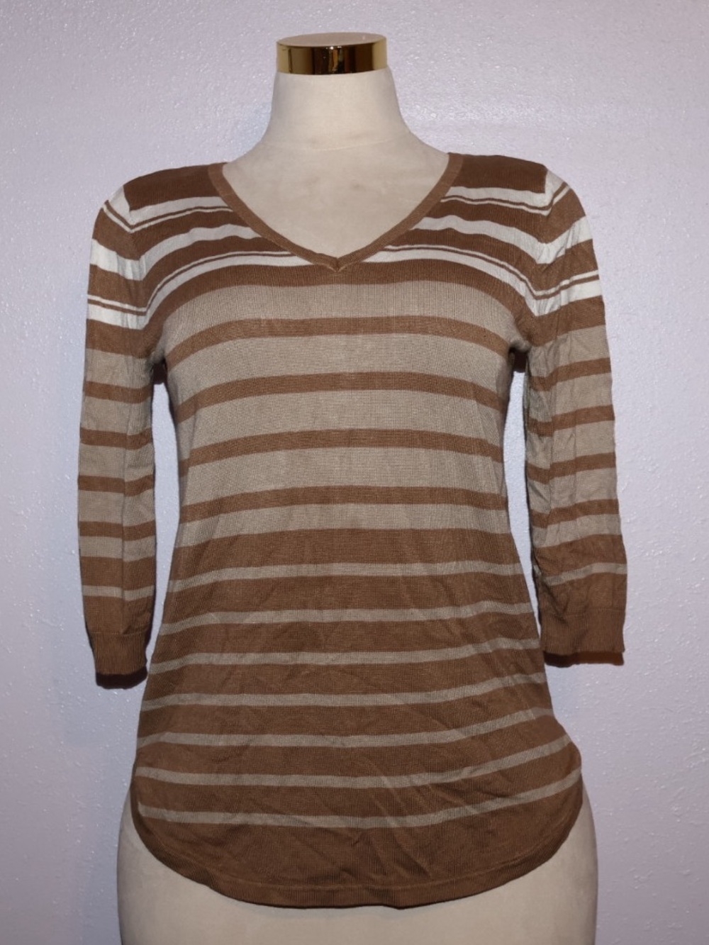 Lety & Me Striped V-Neck Sweater in Brown and Cream